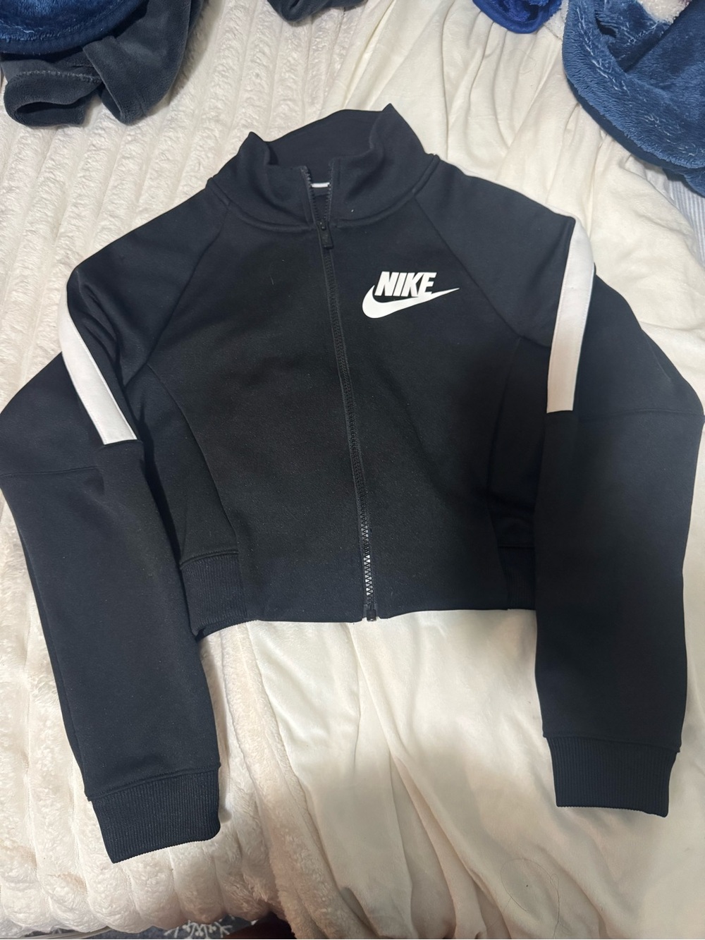 Nike Black Cropped Full-Zip Jacket with White Logo & Sleeve Stripes